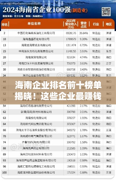 海南企业排名前十榜单揭晓!这些企业最赚钱!